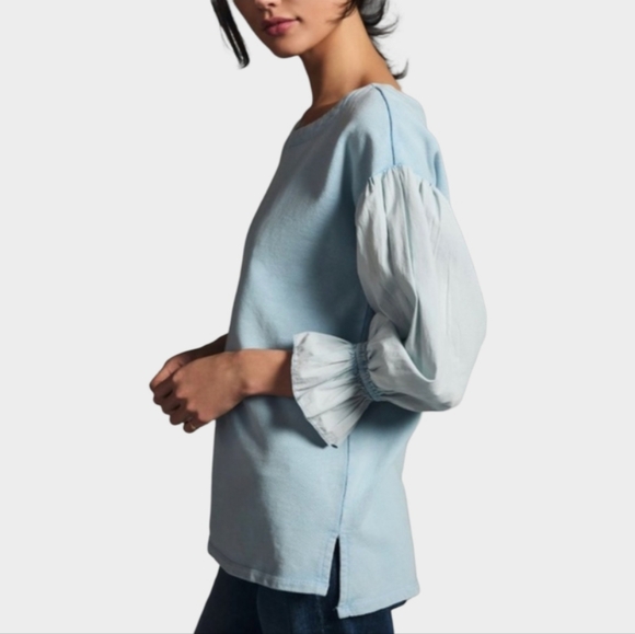 Anthropologie Pilcro Mixed Media Oversized Pullover Top Blue Balloon Sleeve Sz S - Picture 6 of 14